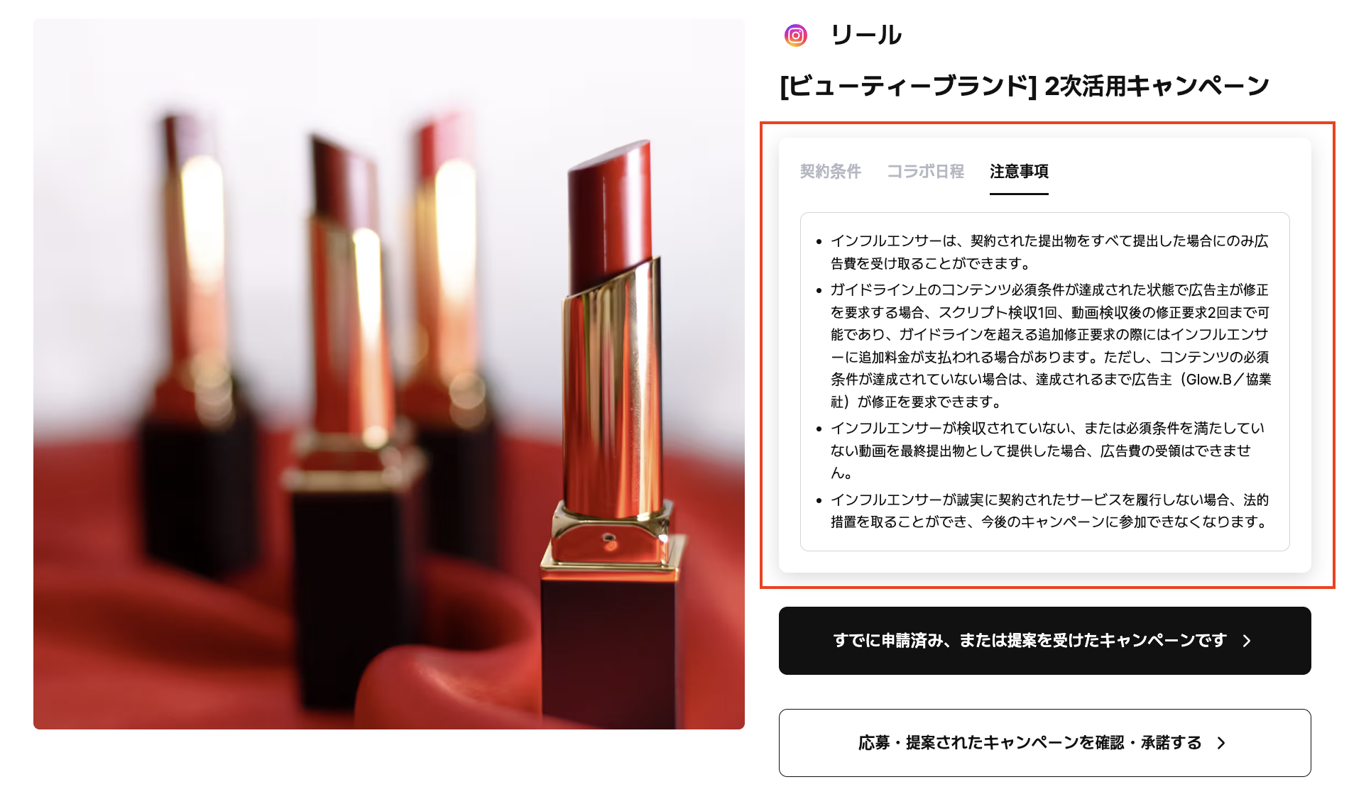 キャンペーンの条件および注意事項の確認画面の例
